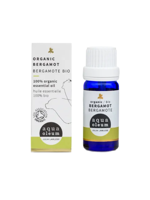 Organic bergamot essential oil bottle and box, aqua oleum brand.