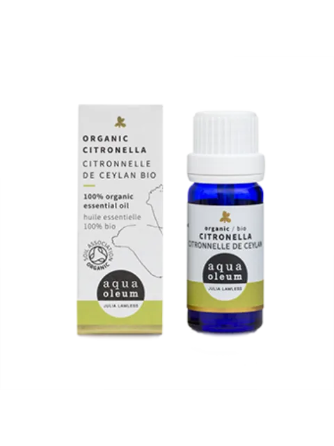 Organic citronella essential oil bottle and box, aqua oleum branding.