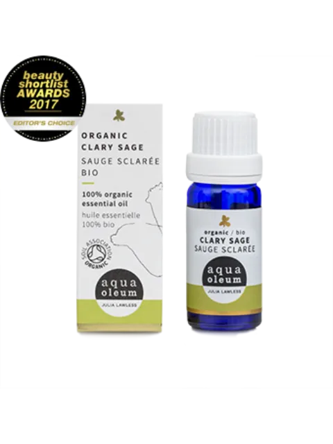 Organic Clary Sage essential oil bottle and box, Beauty Shortlist Awards 2017.