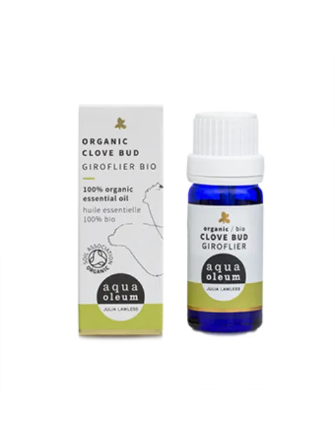 Organic clove bud essential oil, 10ml blue bottle, and box with text in English and French.