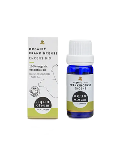 Organic frankincense essential oil bottle and box by Aqua Oleum.