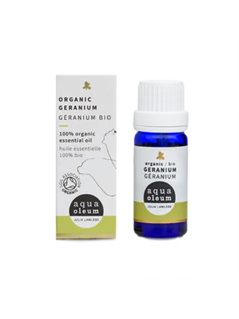 Organic Geranium essential oil bottle and box, Aqua Oleum brand.