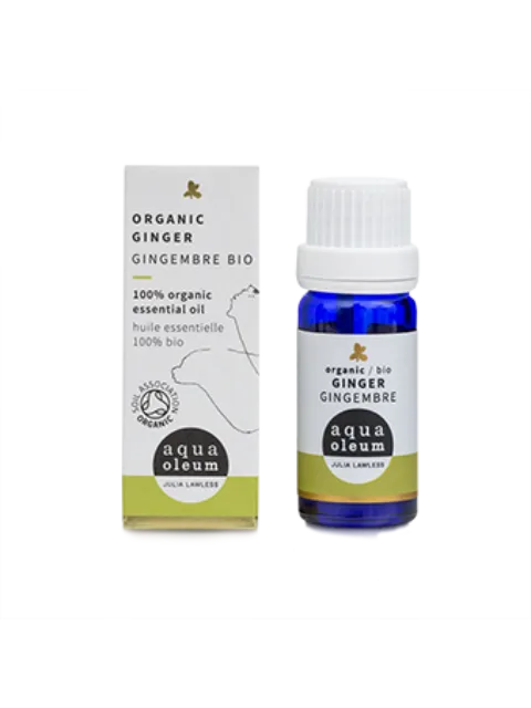 Organic ginger essential oil bottle and box, labelled "aqua oleum".