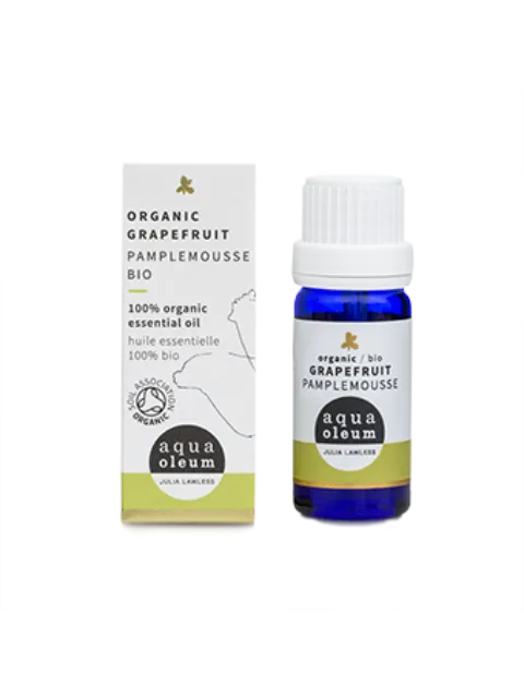 Organic grapefruit essential oil bottle and box, Aqua Oleum brand.