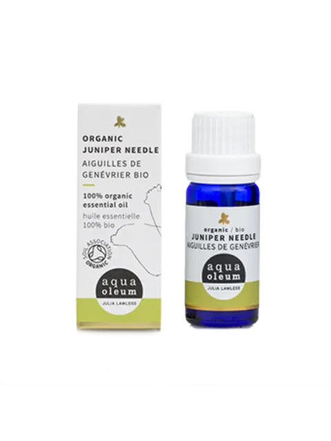 Organic Juniper Needle essential oil, 10ml bottle and box, aqua oleum brand.