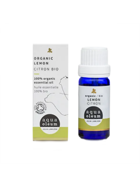 Organic lemon essential oil bottle and box, aqua oleum brand.