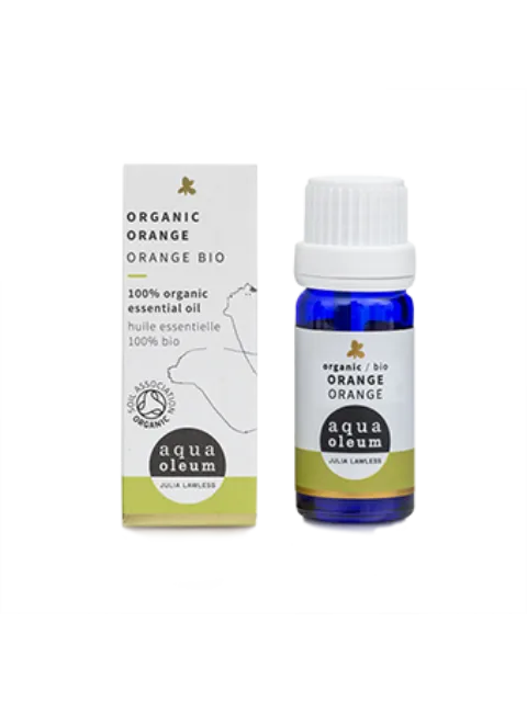 Organic orange essential oil bottle and box, aqua oleum brand.