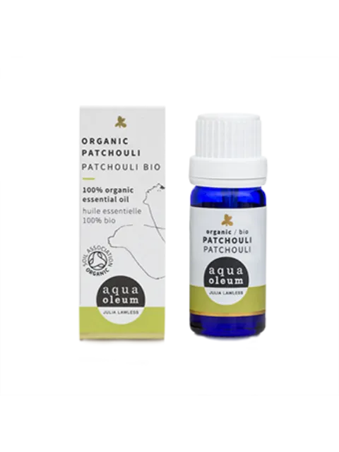 Organic patchouli essential oil bottle and box, aqua oleum brand.