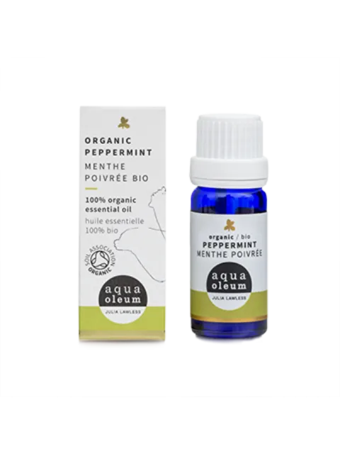 Organic peppermint essential oil bottle and box, labelled "aqua oleum".