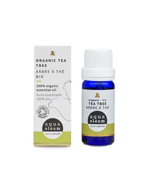 Organic tea tree essential oil bottle and box, aqua oleum brand.