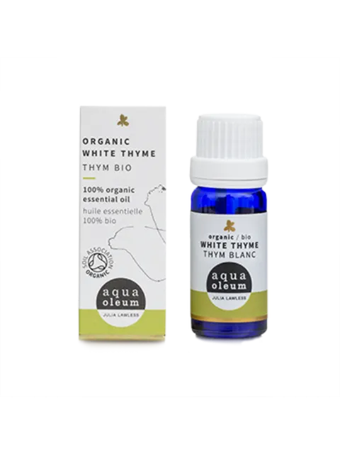 Organic white thyme essential oil bottle and box, labelled "aqua oleum".