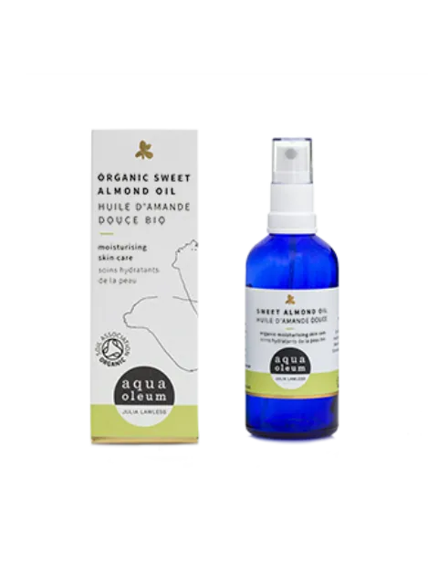 Organic sweet almond oil bottle and box, Aqua Oleum brand.