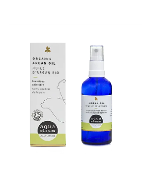 Organic Argan Oil bottle and box, aqua oleum branding, blue bottle with white label.
