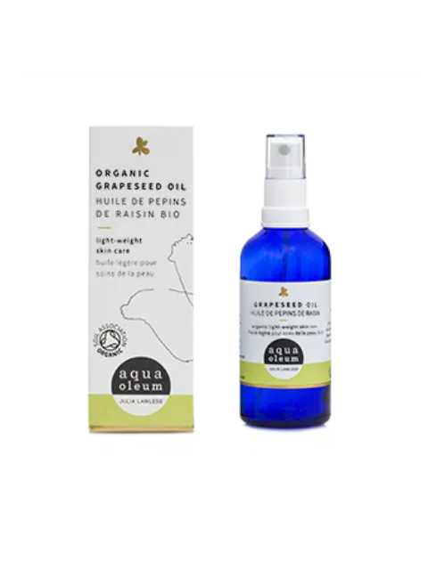 Organic grapeseed oil bottle and box, labelled "aqua oleum".