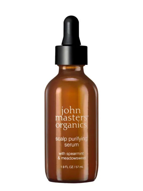 Brown bottle of John Masters Organics scalp purifying serum with dropper.