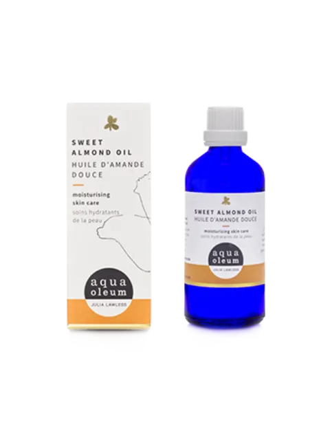 Sweet almond oil bottle and box, labelled Aqua Oleum, moisturising skincare.