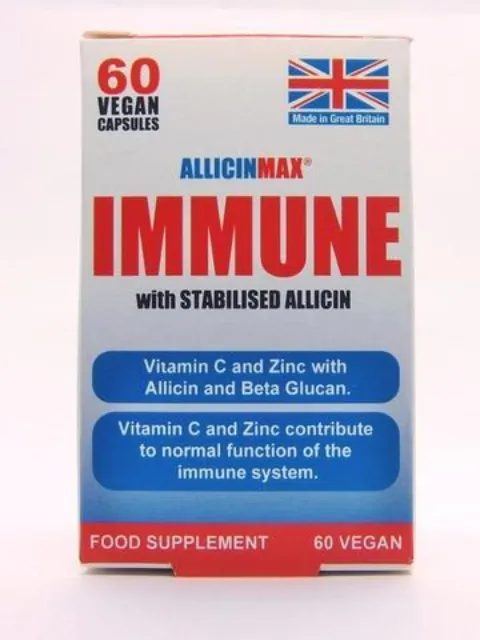 Box of 60 vegan capsules, labelled "IMMUNE" with stabilised allicin, made in Great Britain.