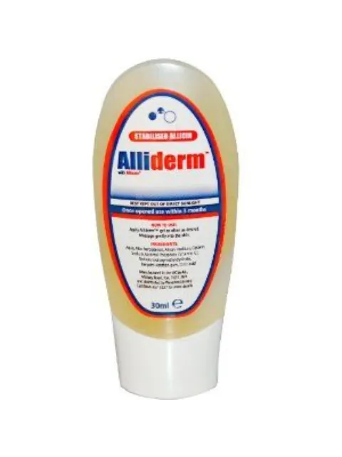 Alliderm gel tube, 30ml, with usage instructions and ingredients listed on the label.