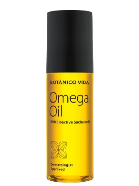 Botánico Vida Omega Oil bottle with black cap, dermatologist approved.