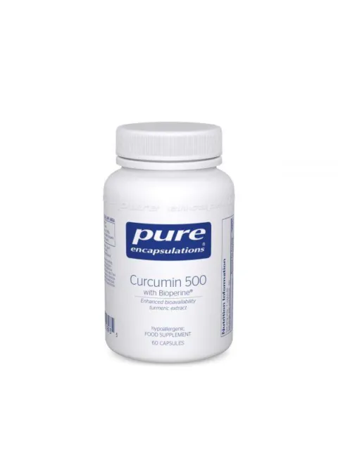 White bottle of Pure Encapsulations Curcumin 500, 60 capsules, with Bioperine.