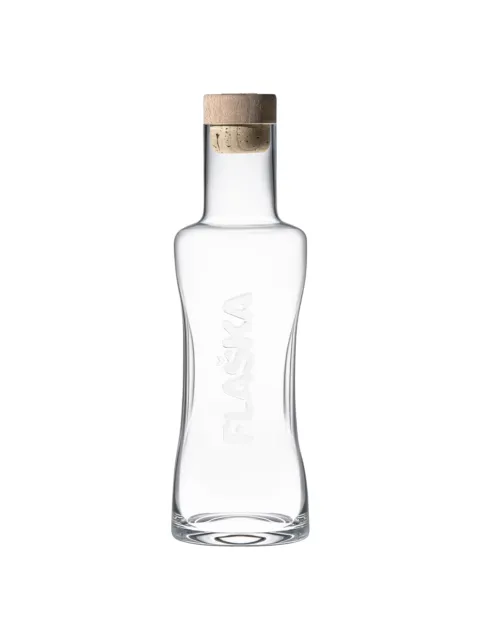 Clear glass bottle with wooden cork, embossed with "FLASKA".