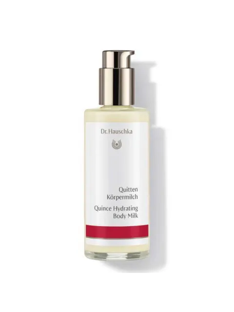 Dr. Hauschka Quince Hydrating Body Milk in a pump bottle.