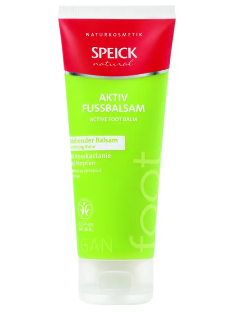 Green tube of Speick Aktiv Fussbalsam, labelled as vegan and natural foot balm.