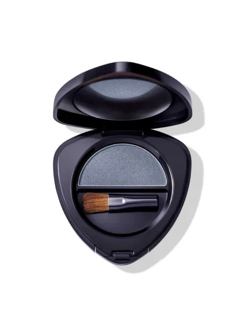Open black eyeshadow compact with brush and grey-blue shade.
