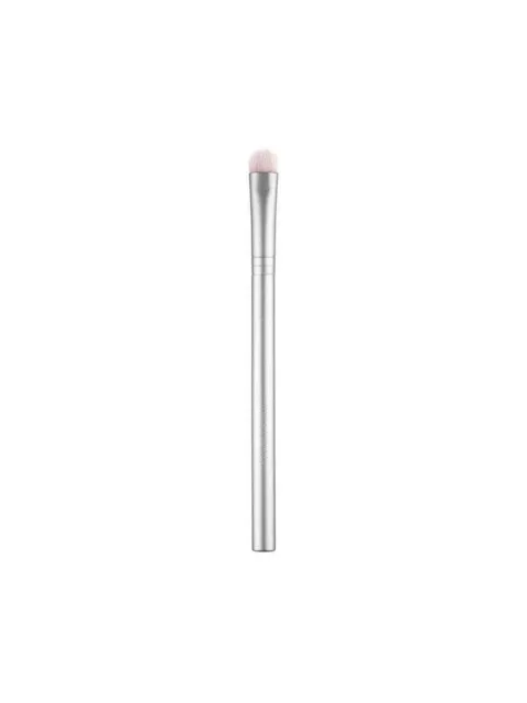 Silver makeup brush with soft pink bristles.