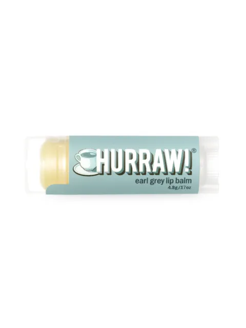 Hurraw! Earl Grey lip balm tube, 4.8g, with a tea cup icon.