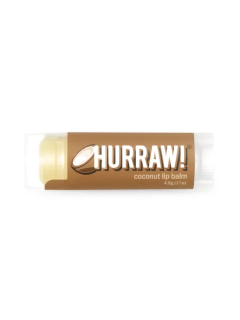 Hurraw! coconut lip balm, 4.8g tube, brown label with coconut image.