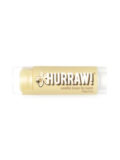 Hurraw! vanilla bean lip balm in a beige tube, 4.8g/17oz.