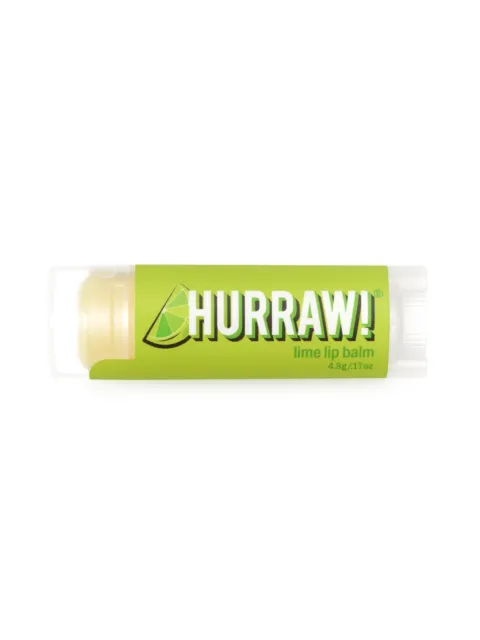 Lime lip balm tube with "Hurraw!" text and lime slice graphic. 4.8g/17oz.