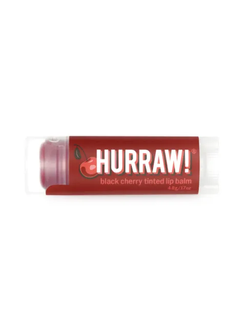 Hurraw! black cherry tinted lip balm, 4.8g tube, red packaging with cherry graphic.