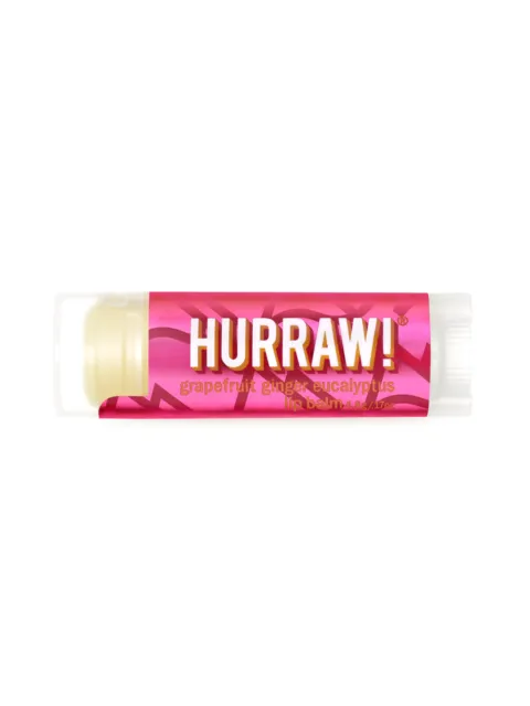 Hurraw! grapefruit ginger eucalyptus lip balm in pink tube, 4.8g.