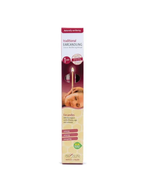 Traditional ear candling box with calming, relaxing, energising text. Biosun branding visible.