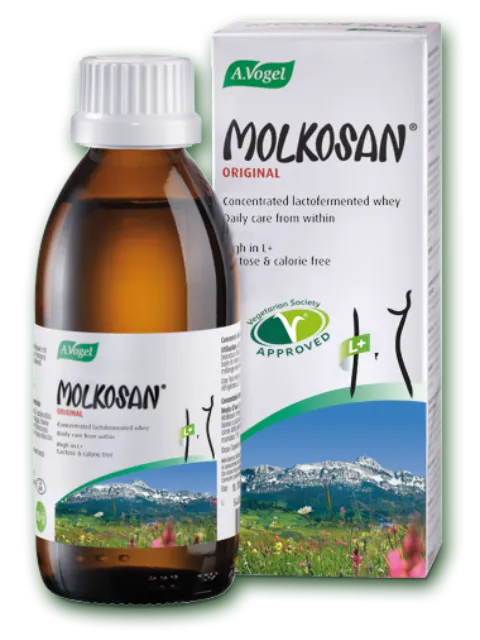 A.Vogel Molkosan Original bottle and box with mountain landscape design.