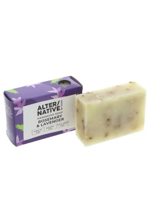 Rosemary and lavender handmade soap with purple box packaging.