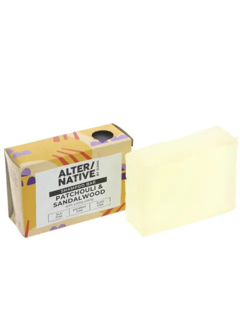 Shampoo bar with patchouli and sandalwood in colourful packaging.