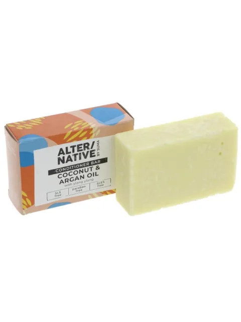 Conditioner bar with coconut and argan oil, SLS and paraben free, in colourful packaging.