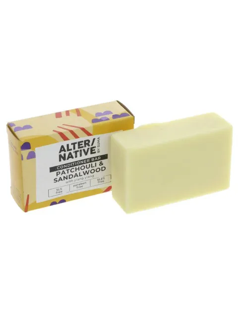 Patchouli and sandalwood conditioner bar with packaging. SLS, paraben, and SLES free.
