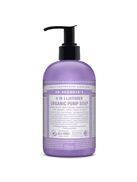 Dr. Bronner's 4-in-1 Lavender Organic Pump Soap, 355ml bottle with pump dispenser.