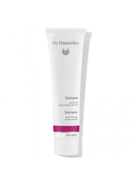Dr. Hauschka Shampoo tube, 150 ml, white with pink band.