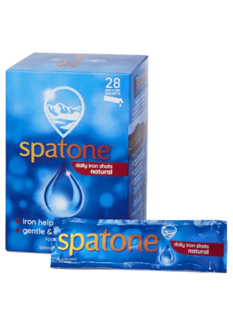Spatone daily iron shots box and sachet, blue packaging, 28 sachets.