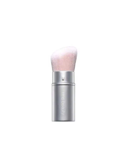 Silver makeup brush with white bristles, "rms beauty" text on handle.