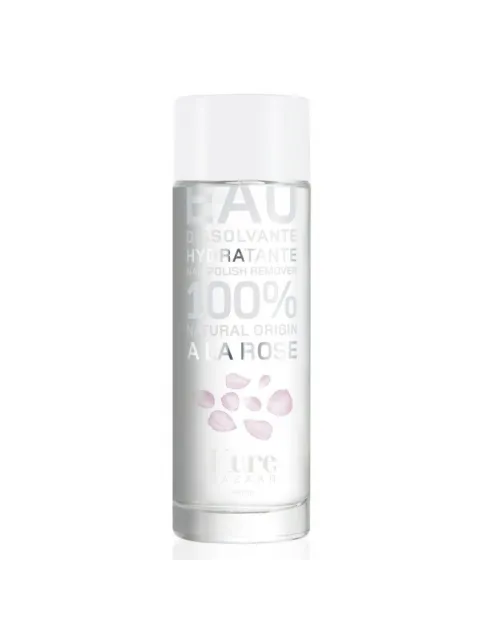 Kure Bazaar nail polish remover, 100% natural origin, rose scent, clear bottle with white cap.