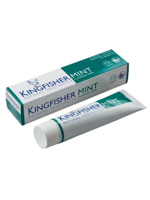 Kingfisher Mint Natural Toothpaste, fluoride-free, with box and tube shown.