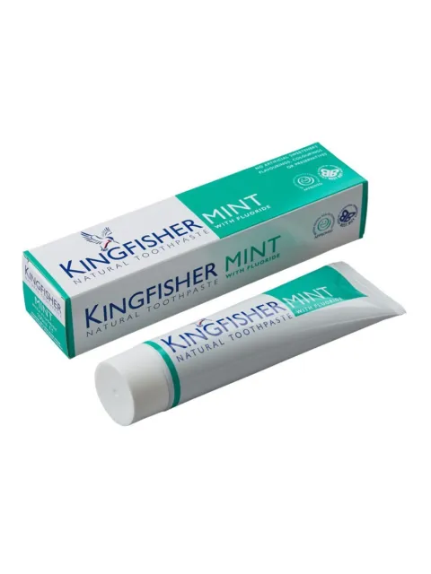 Kingfisher Mint Natural Toothpaste with fluoride, tube and box, green and white packaging.