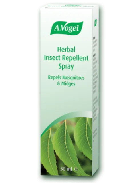 A.Vogel Herbal Insect Repellent Spray box, 50 ml, with leaf design.