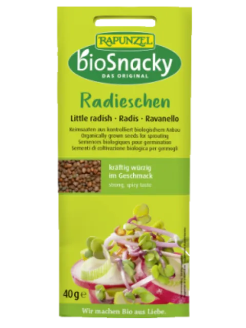 Rapunzel bioSnacky radish sprouting seeds, 40g, strong spicy taste, green packaging.